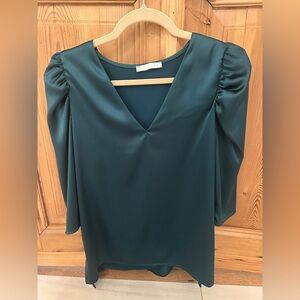 Emerald Green Puff Sleeve Satin Blouse
